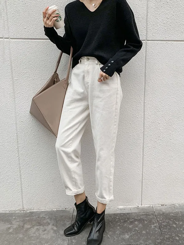 xakxx Casual Loose Long Sleeves Solid Color V-Neck Sweater Tops