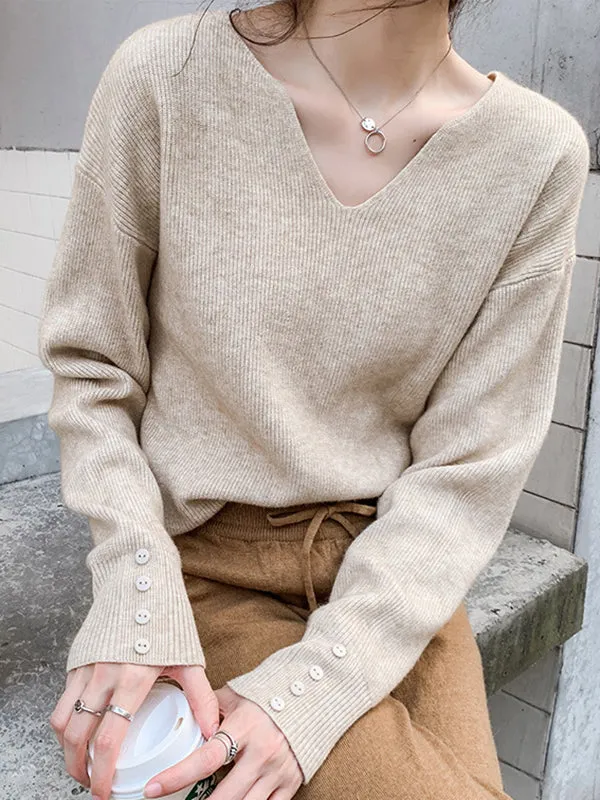 xakxx Casual Loose Long Sleeves Solid Color V-Neck Sweater Tops