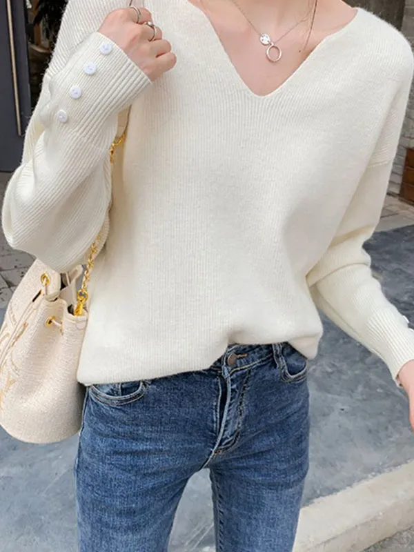 xakxx Casual Loose Long Sleeves Solid Color V-Neck Sweater Tops
