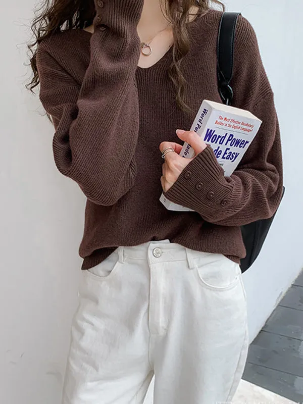 xakxx Casual Loose Long Sleeves Solid Color V-Neck Sweater Tops