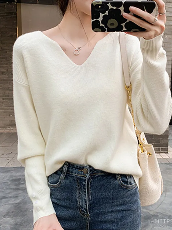 xakxx Casual Loose Long Sleeves Solid Color V-Neck Sweater Tops
