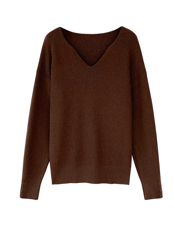 xakxx Casual Loose Long Sleeves Solid Color V-Neck Sweater Tops