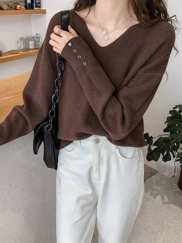 xakxx Casual Loose Long Sleeves Solid Color V-Neck Sweater Tops