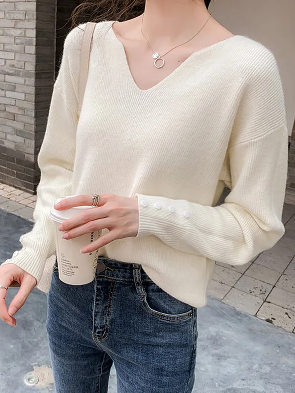 xakxx Casual Loose Long Sleeves Solid Color V-Neck Sweater Tops