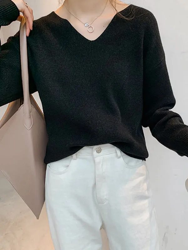 xakxx Casual Loose Long Sleeves Solid Color V-Neck Sweater Tops