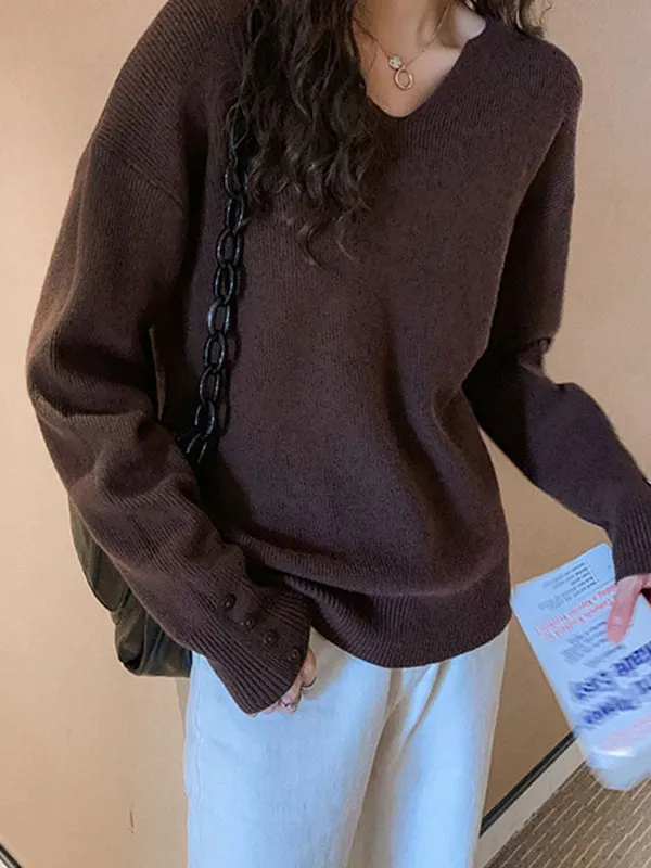 xakxx Casual Loose Long Sleeves Solid Color V-Neck Sweater Tops
