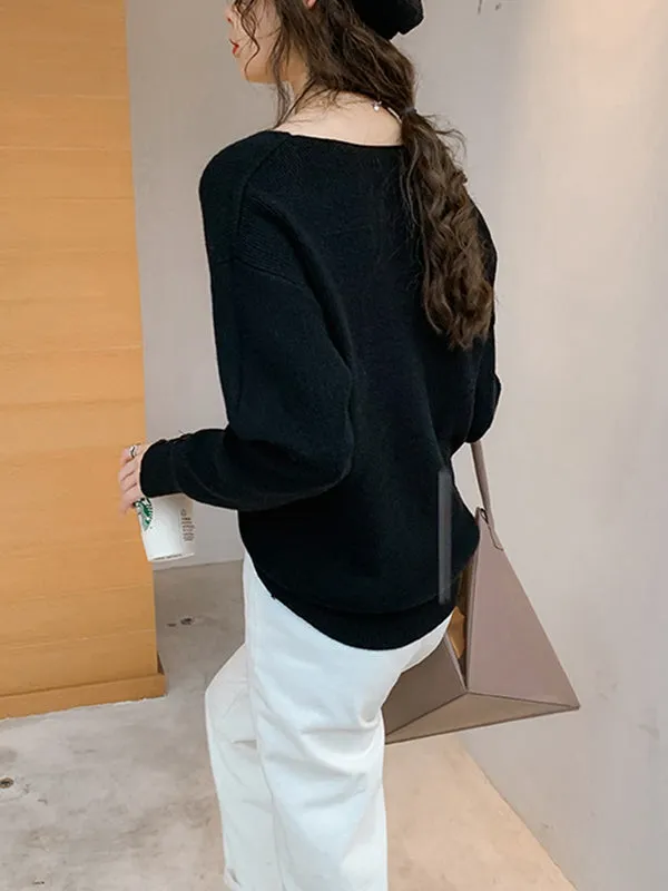 xakxx Casual Loose Long Sleeves Solid Color V-Neck Sweater Tops