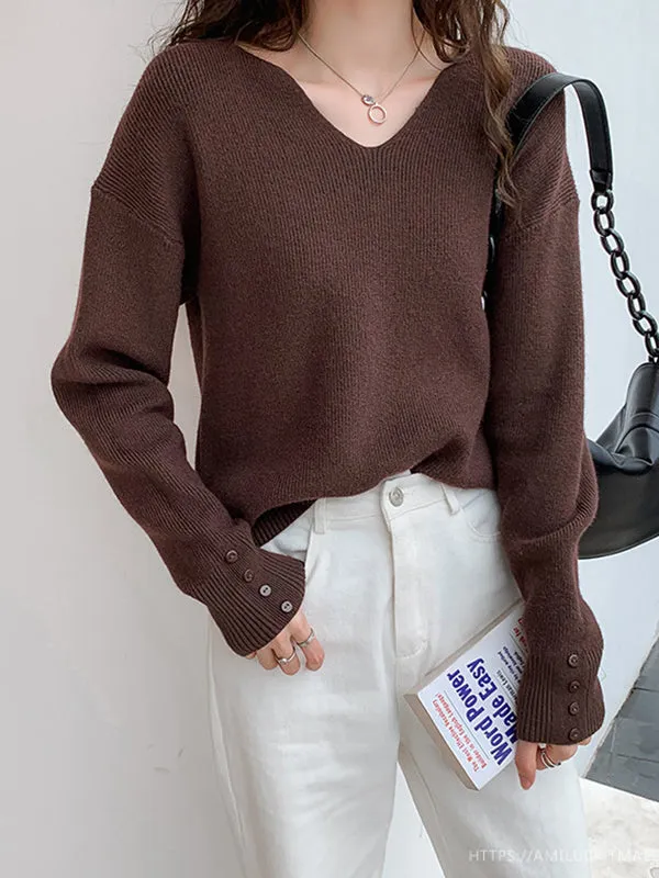 xakxx Casual Loose Long Sleeves Solid Color V-Neck Sweater Tops