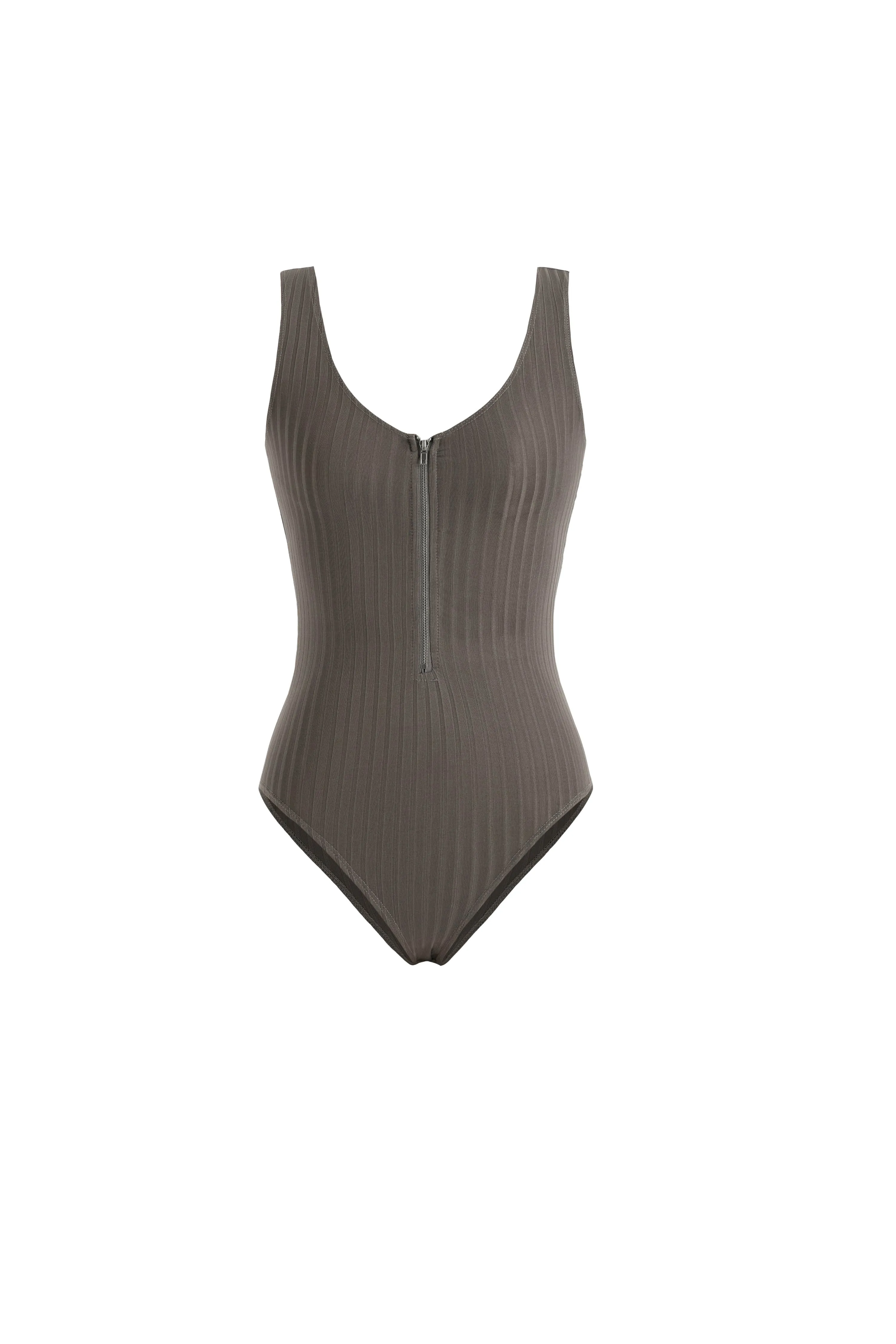 Zip-Front V-Neck Tank Bodysuit in Grey