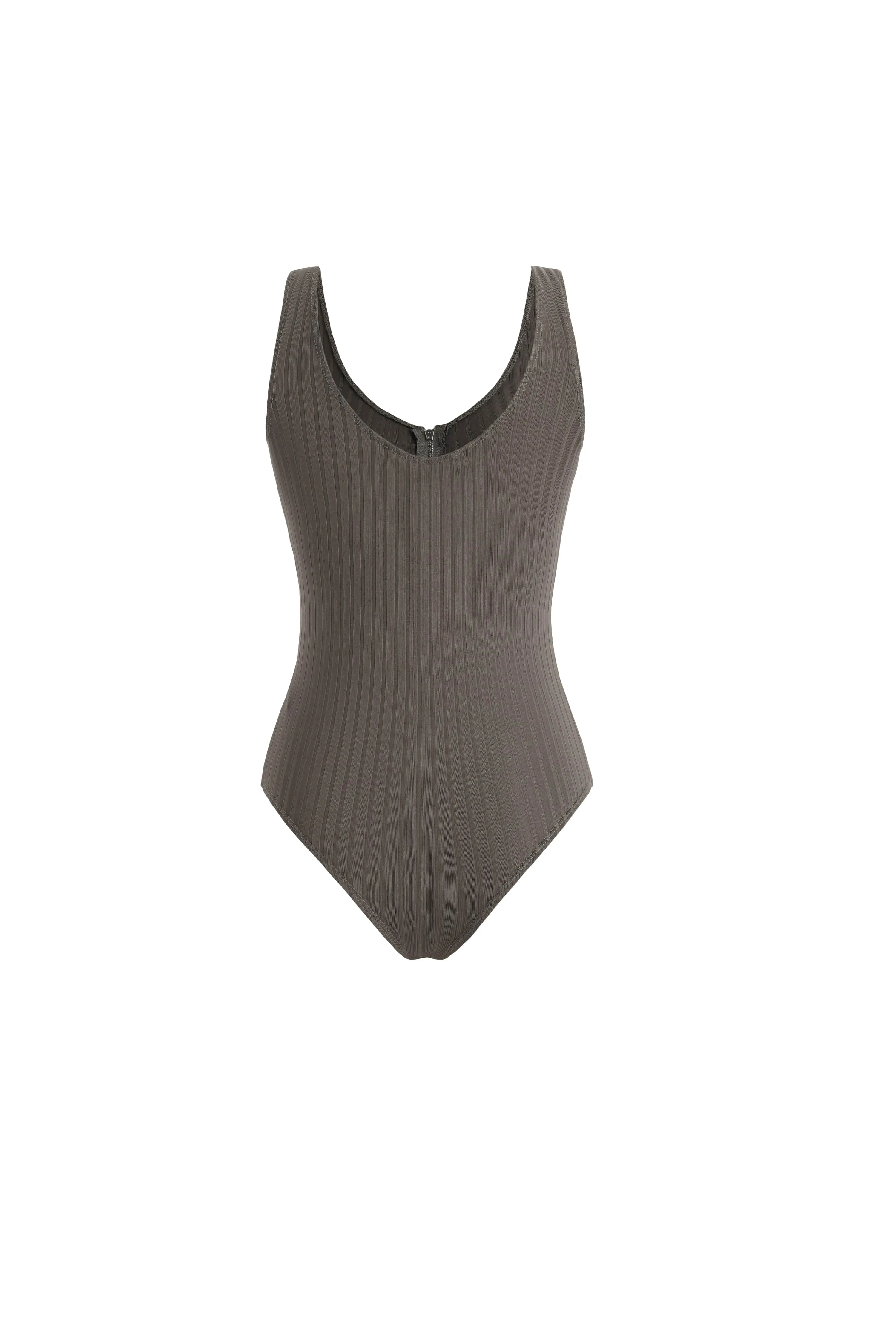 Zip-Front V-Neck Tank Bodysuit in Grey